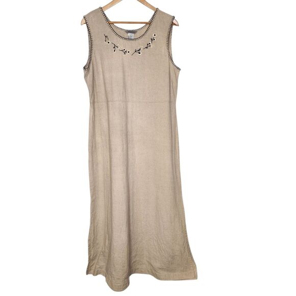 Vintage 90s Y2K‎ Stonebridge Linen Embroidered Floral Sleeveless Maxi Dress Tan - Picture 1 of 16
